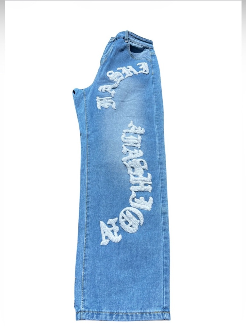 Men's Straight-Leg Blue Denim Jeans with White Graphic Script - Picture 3 of 15